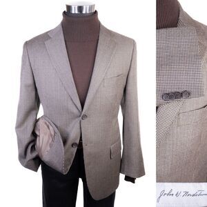 John W Nordstrom Blazer Sport Coat Houndstooth Tan Sz 40S Wool - Silk Two Button